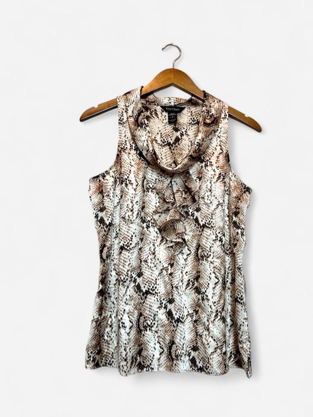 Silk White House Black Market Snake Print Ruffle Cowl Neck Top - Brown/Beige